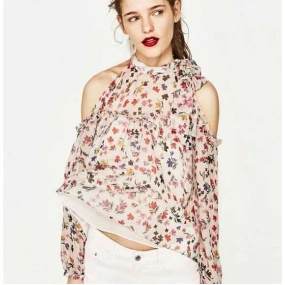 ZARA trafaluc Floral Cold Shoulder Ruffle Top Blouse Multicolor sz small - Picture 1 of 9